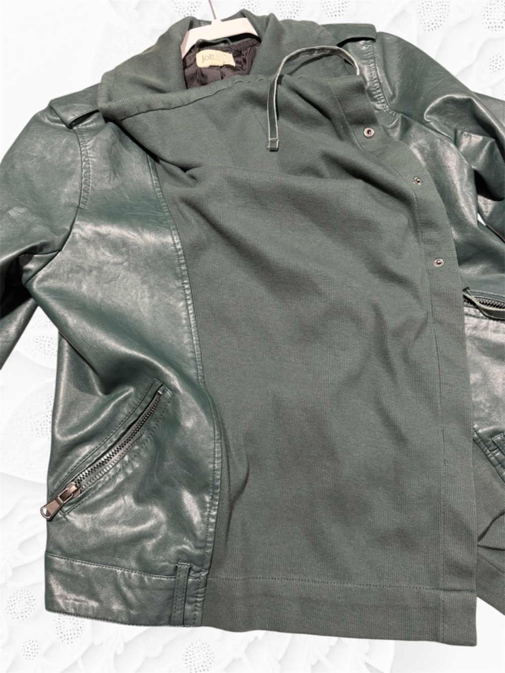 Jolt Forest Green Draped Faux Leather Jacket - Picture 3 of 10